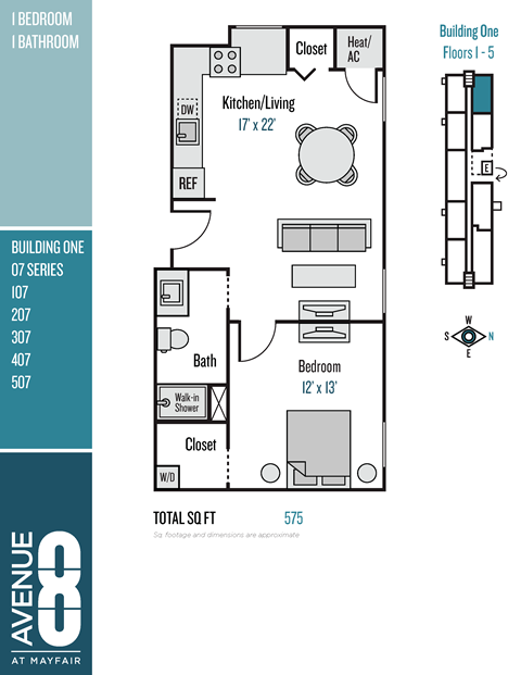Floor plan for 1 bed, 1 bath, 575 sqft